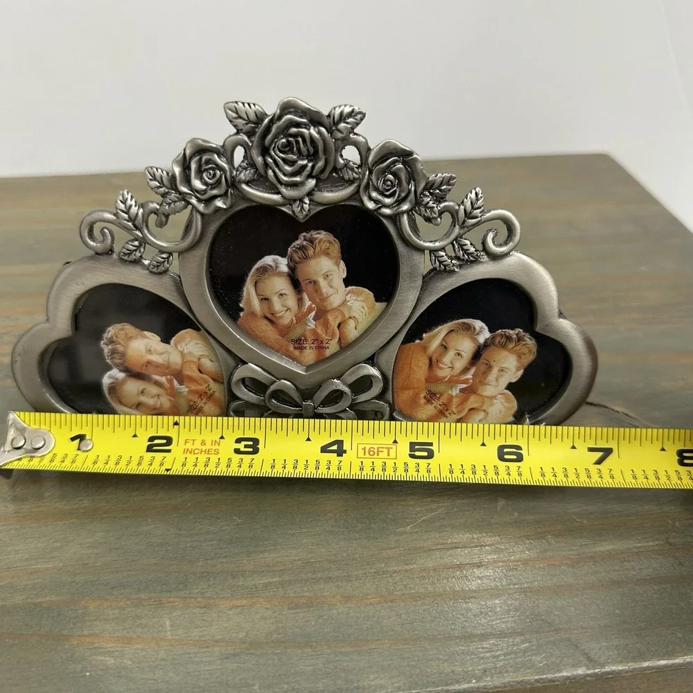 Vintage Ornate Silver Metal‎ 3 Hearts Roses Picture Frame For 3 Photos Victorian